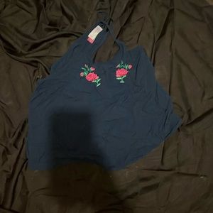 Dark blue tank top with roses on chest